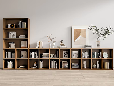 Modern Minimalist Wooden Bookshelf With Books Decorative Items Vases Small Ornaments And Green Plant 3d model