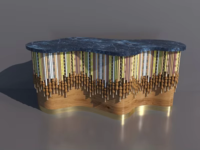 Modern Reception Desk with Blue Marble Top Vertical Decorative Strips and Wooden Base 3d model