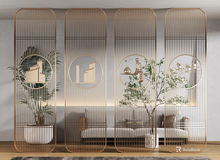 Elegant Gold Metal Room Divider With Circular Patterns In Living Room 3d model 
