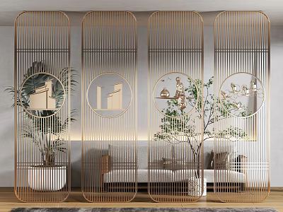 Elegant Gold Metal Room Divider With Circular Patterns In Living Room 3d model