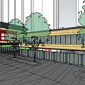 Vibrant Commercial Street With Modern Buildings Trees And Pedestrian Walkways