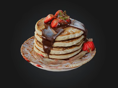 Fluffy Stack of Pancakes Topped with Fresh Strawberries and Chocolate Sauce on Strawberry Pattern Plate 3d model