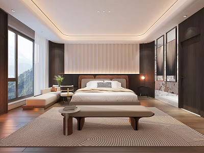 Modern Hotel Room Interior With King Bed Large Window Decorative Paintings And Soft Lighting 3d model