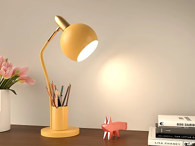 Modern Yellow Desk Lamp With Pen Holder Base Illuminated For Study Desk Stationery And Books 3d model