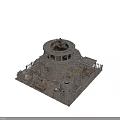 Medieval Circular Tower Stone Building With Decorative Roof Steps And Fencing