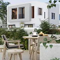 Elegant Garden Landscape Design with Outdoor Patio Greenery and Wooden Furniture