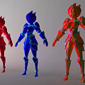 Three Colorful Game Movie Characters Featuring Glowing Armor And Standing Poses