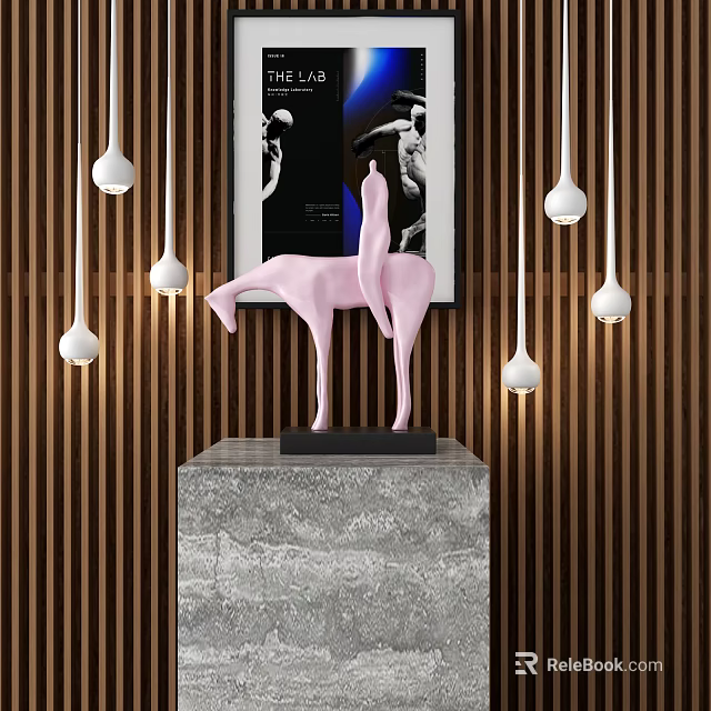 Elegant Chandeliers In Interior Decor With Pink Sculpture Marble Pedestal And Wooden Striped Wall 3d model 