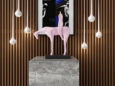 Elegant Chandeliers In Interior Decor With Pink Sculpture Marble Pedestal And Wooden Striped Wall 3d model