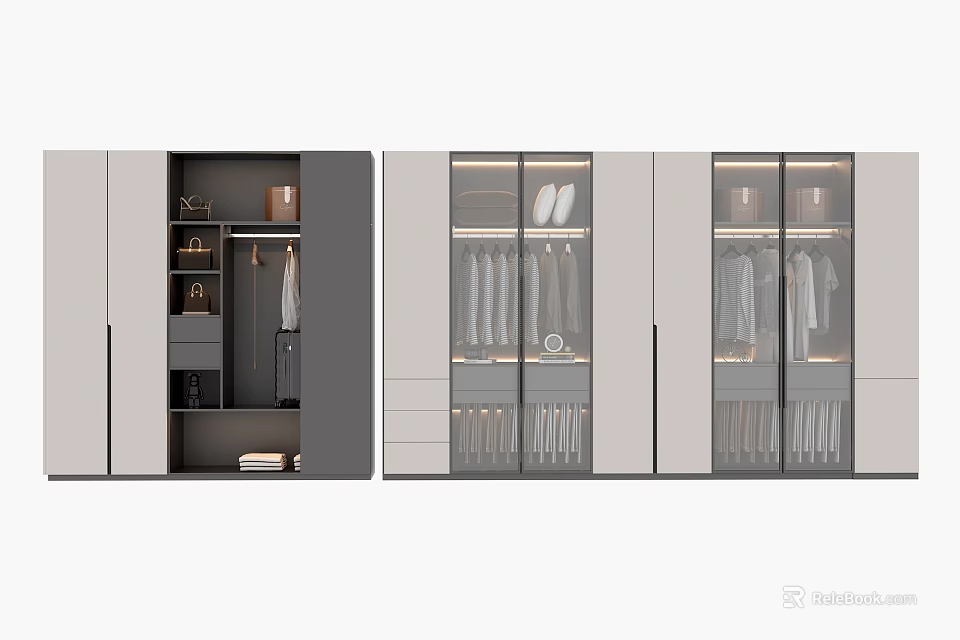 Modern Wardrobe Design With Glass Doors Hanging Rails And Storage Drawers 3d model 