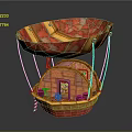 Ornate Red And Gold Hot Air Balloon With Intricate Patterns And Circular Gondola