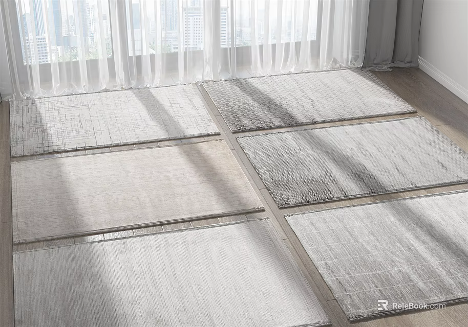 Multiple Square Rugs In Light Grey Tones On Wooden Floor With Natural Light 3d model 