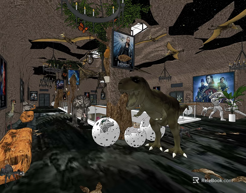 Elevator Corridor with T Rex Model Dinosaur Eggs Decorative Tree and Chandeliers 3d model