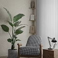 Black and White Houndstooth Accent Chair With Large Green Plant Wooden Shelf And Table Lamp