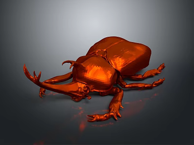 Orange Shiny Beetle with Intricate Horns and Legs on Dark Surface 3d model