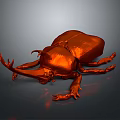 Orange Shiny Beetle with Intricate Horns and Legs on Dark Surface