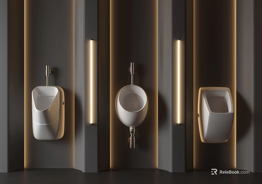 Modern Urinals Mounted on Dark Walls with Linear Lighting in Contemporary Bathrooms 3d model 