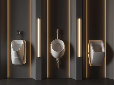 Modern Urinals Mounted on Dark Walls with Linear Lighting in Contemporary Bathrooms 3d model