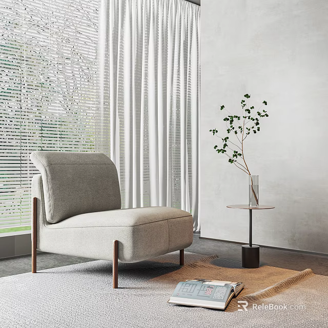 Modern Gray Fabric Single Sofa Living Room With Window Blinds White Curtains And Green Plant 3d model 