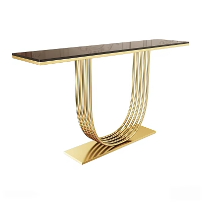 Elegant Modern Display Stand With Gold Metal Curved Frame And Black Tabletop 3d model