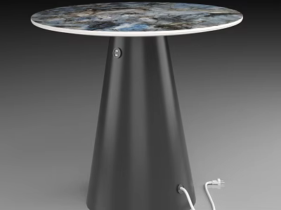 Stylish Round Table Featuring Marble Patterned Top Black Conical Base And Power Plug 3d model