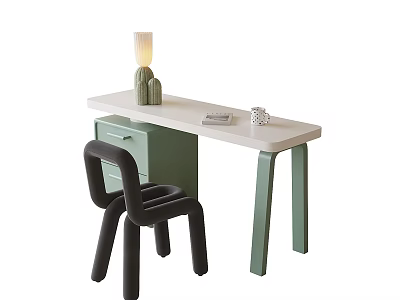 Stylish Desk with White Desktop Green Drawers Legs Black Chair Cactus Decor Table Lamp 3d model