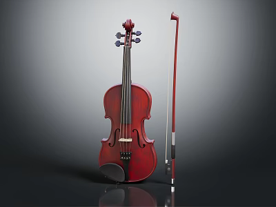 Musical Instrument Violin With Bow And Shiny Red Wooden Body On Dark Background 3d model