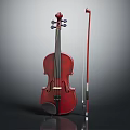 Musical Instrument Violin With Bow And Shiny Red Wooden Body On Dark Background