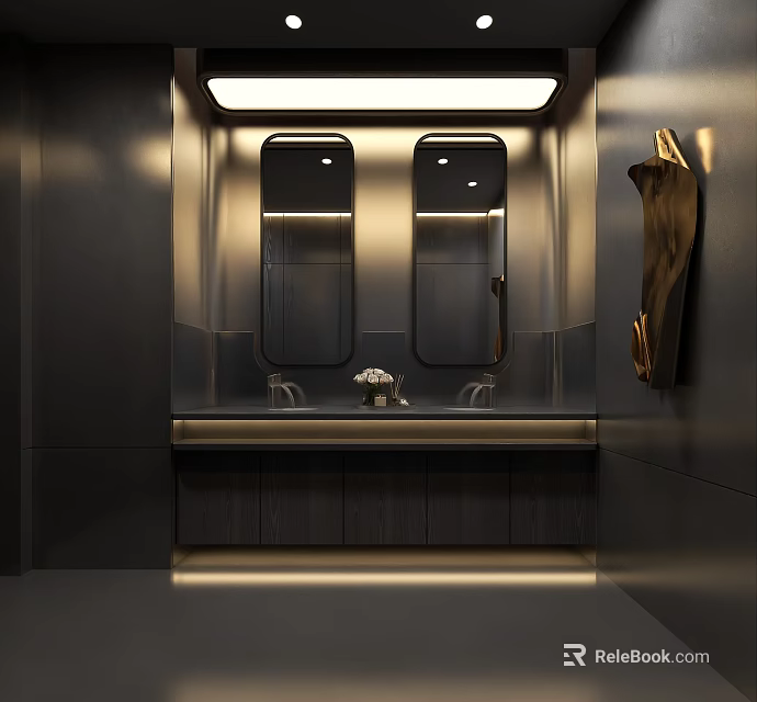 Upscale Dark Tone Modern Bathroom With Dual Vanity Sinks And Sleek LED Backlit Mirrors 3d model 