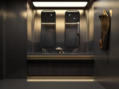Upscale Dark Tone Modern Bathroom With Dual Vanity Sinks And Sleek LED Backlit Mirrors 3d model