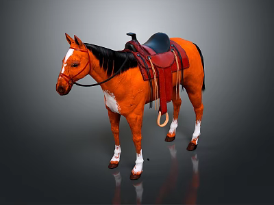 Orange Horse with Black Mane White Legs and Red Decorated Saddle on Reflective Surface 3d model