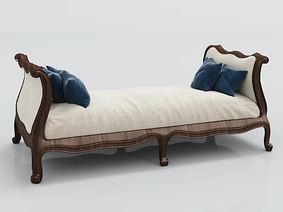 Classic Chaise Lounge with Wooden Carved Frame Cream Fabric Cushion and Blue Decorative Pillows 3d model