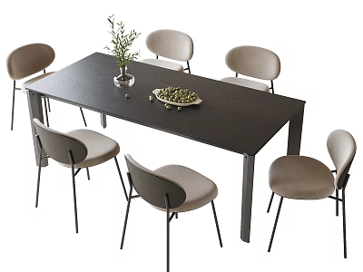 Modern Dining Table and Chairs Set with Black Tabletop Light Gray Chairs and Plant Vase 3d model
