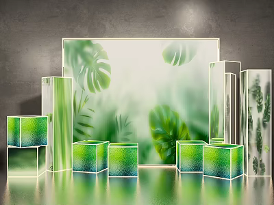 Green Leaf Background Photo Spot With Transparent Cubes Glowing Effect And Mirror Floor 3d model