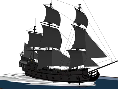 Sailing Ship with Multiple Black Sails Sailing Across Open Ocean Waters 3d model