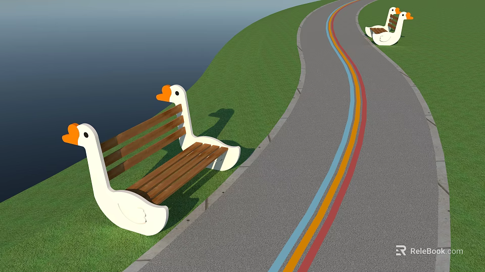 Stone And Wooden Goose Shaped Bench Beside Road With Green Grass And Colorful Lines 3d model 