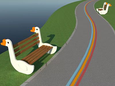 Stone And Wooden Goose Shaped Bench Beside Road With Green Grass And Colorful Lines 3d model