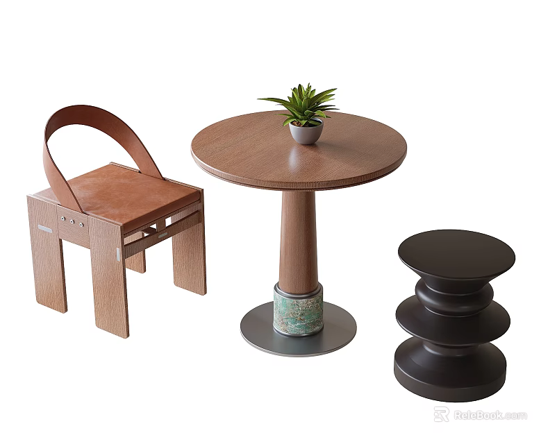 Wooden Round Table with Small Potted Plant Brown Leather Backrest Chair and Black Multi-tiered Stool 3d model 