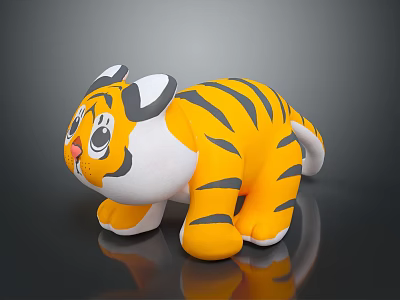 Cute Yellow Black Striped Tiger Plush Toy With White Face And Soft Texture 3d model