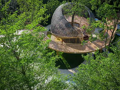 Spiral Wooden Treehouse Surrounded by Lush Green Trees with Circular Platform 3d model