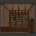 Gothic Architectural Wooden Bookcase With Pointed Spires Multiple Shelves Books And Candle Holders