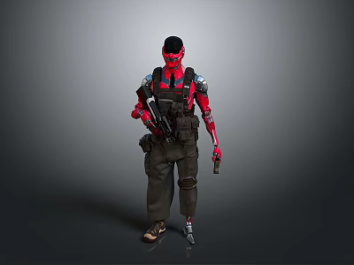 Red Humanoid Character Standing With Mechanical Arm Tactical Gear And Gun 3d model