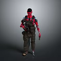 Red Humanoid Character Standing With Mechanical Arm Tactical Gear And Gun