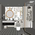 Bathroom Interior Design With Floral Wallpaper Round Mirror Black Vanity Glass Shower And Gold Accents