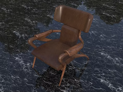 Brown Leather Lounge Chair With Wooden Arms And Legs On Marble Floor 3d model