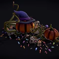 Halloween Decorative Ornament Set with Pumpkin Witch Hat Skulls Candies Candles and Vines