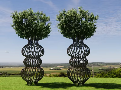 Tall Black Woven Metal Potted Plants With Lush Green Foliage In Open Grassland 3d model