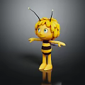Cartoon Bee Character With Yellow Black Striped Body Green Eyes And Antennae