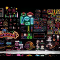Modern Neon Landscape Sculpture With Colorful Icons And Starry Sky Background