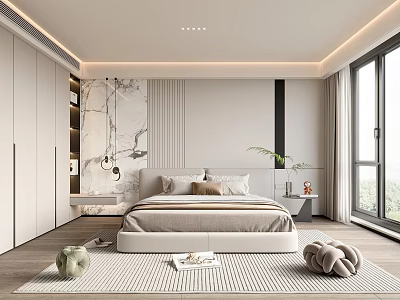 Modern Minimalist Bedroom Interior With Large Bed Soft Lighting Rug And Floor to Ceiling Windows 3d model
